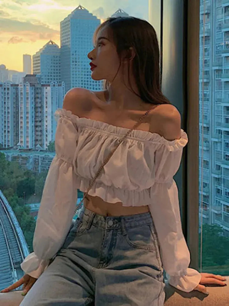 Women Off Shoulder Blouse Long Sleeve White Top With Puff Sleeves Ruffle Tunic Crop Summer Tube Top