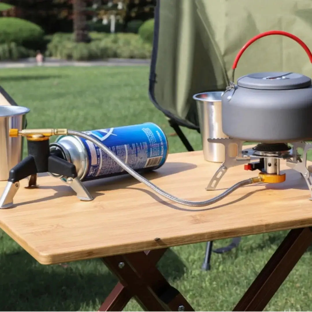 Camping gas stove adapter connector with folding stainless steel tripod stand