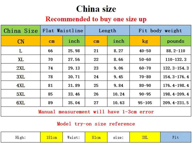 Boxer shorts size chart by Simples Market showing China sizes L-6XL with waist and length measurements