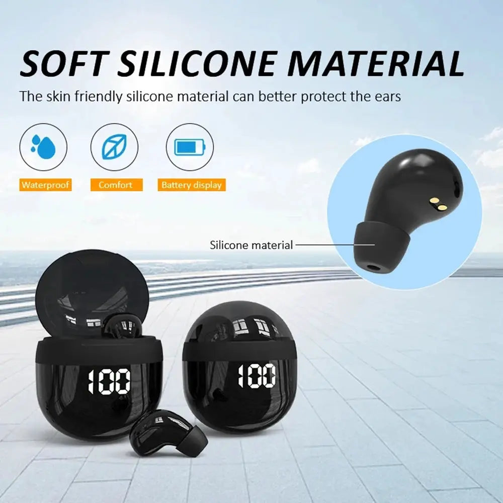 Simples Market SK18 mini invisible Bluetooth earbuds; black silicone design with charging case and three earbuds shown