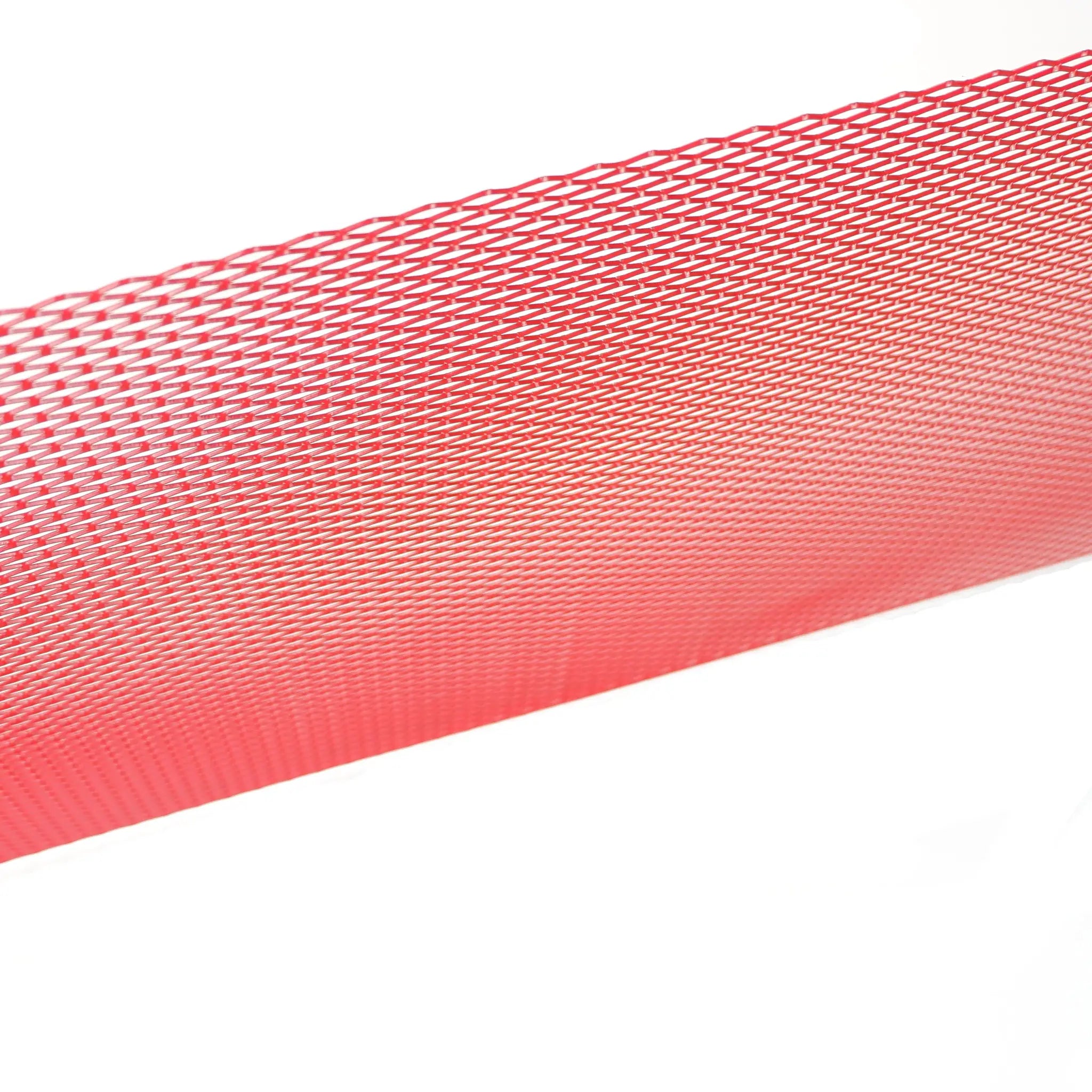 Racing car bumper grille mesh in red aluminium with woven lattice pattern