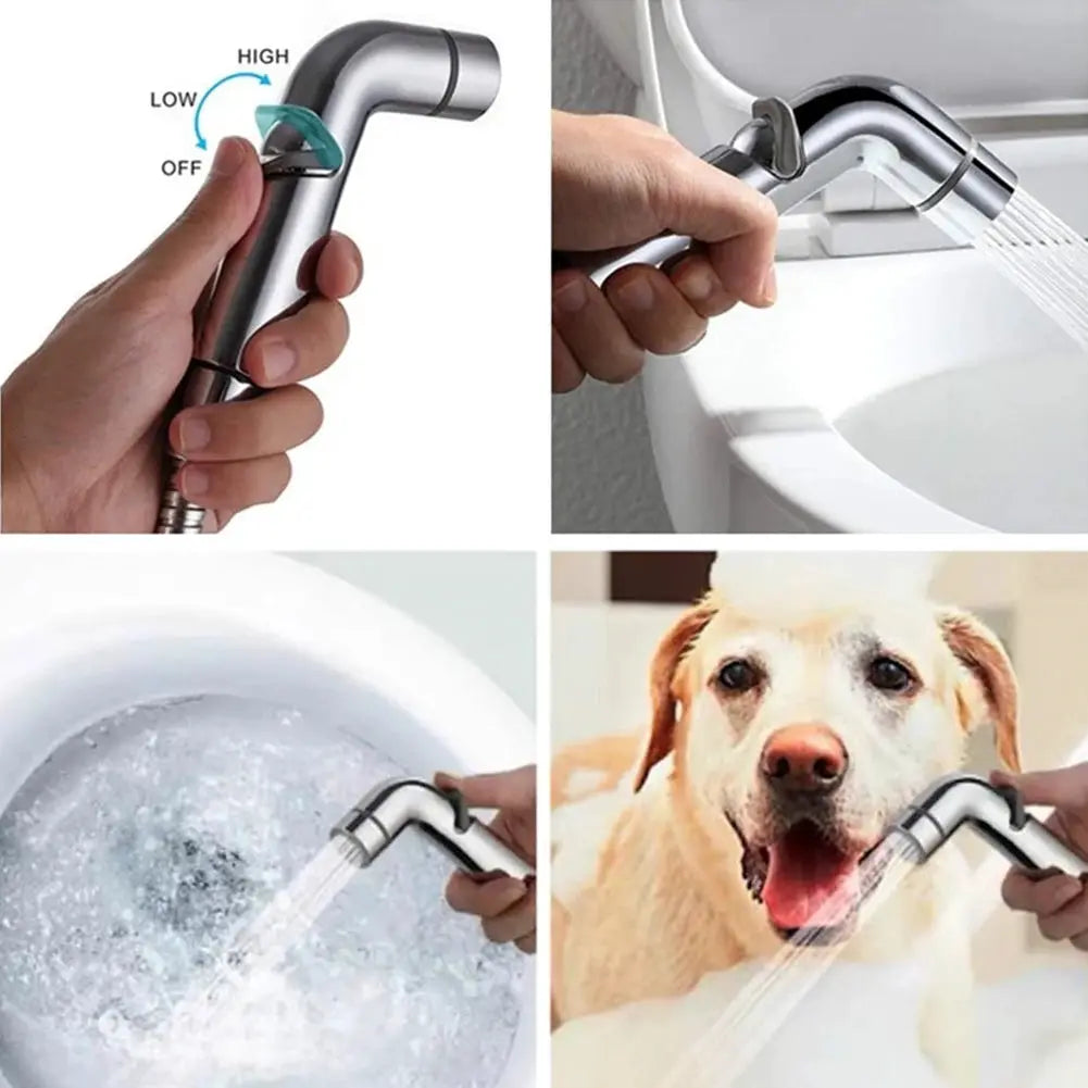 Toilet bidet sprayer by Simples Market with adjustable flow; chrome handheld shower head for bathroom use.