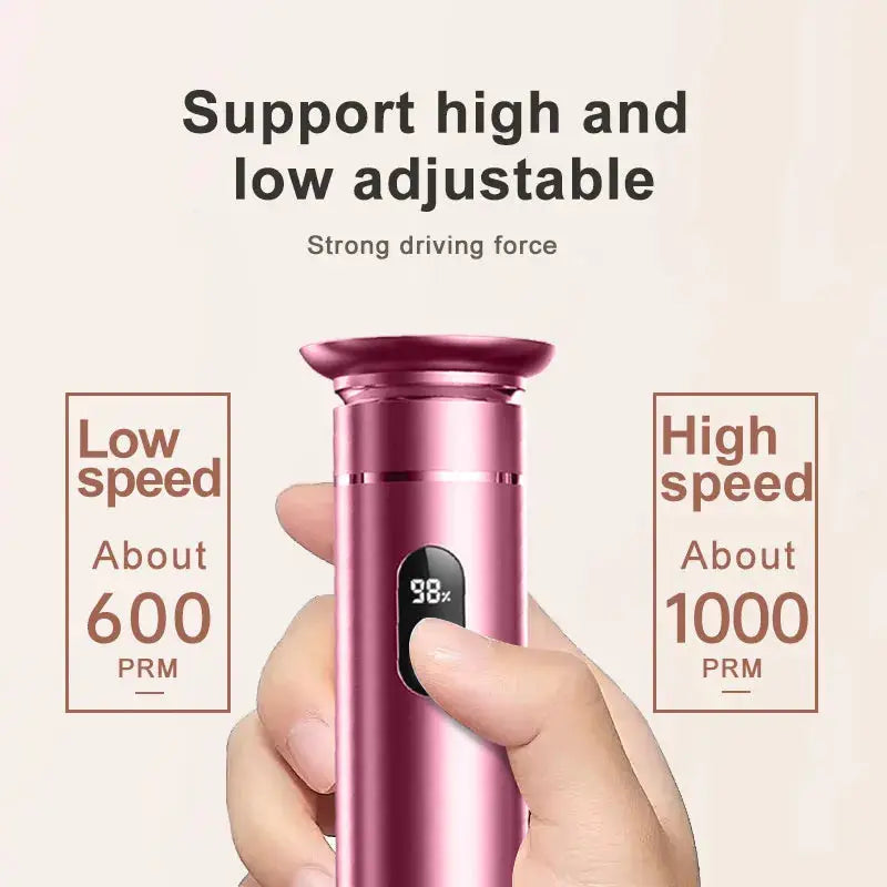Pink aluminum alloy electric foot grinder with dual Type-C and battery power and digital display.