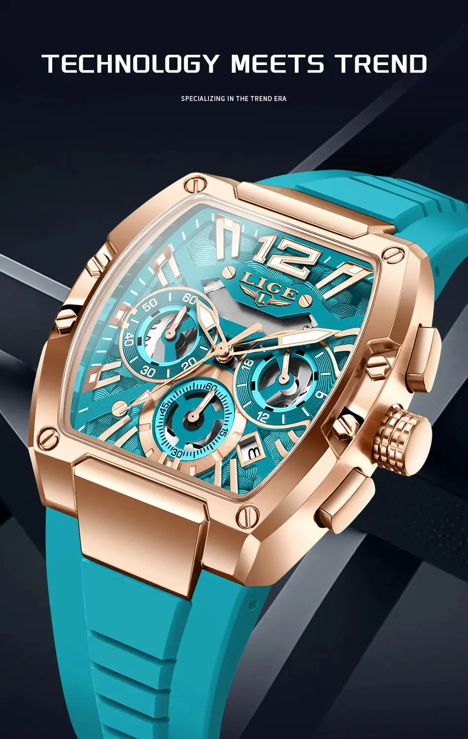 LIGE men's chronograph watch with turquoise silicone strap and rose-gold case