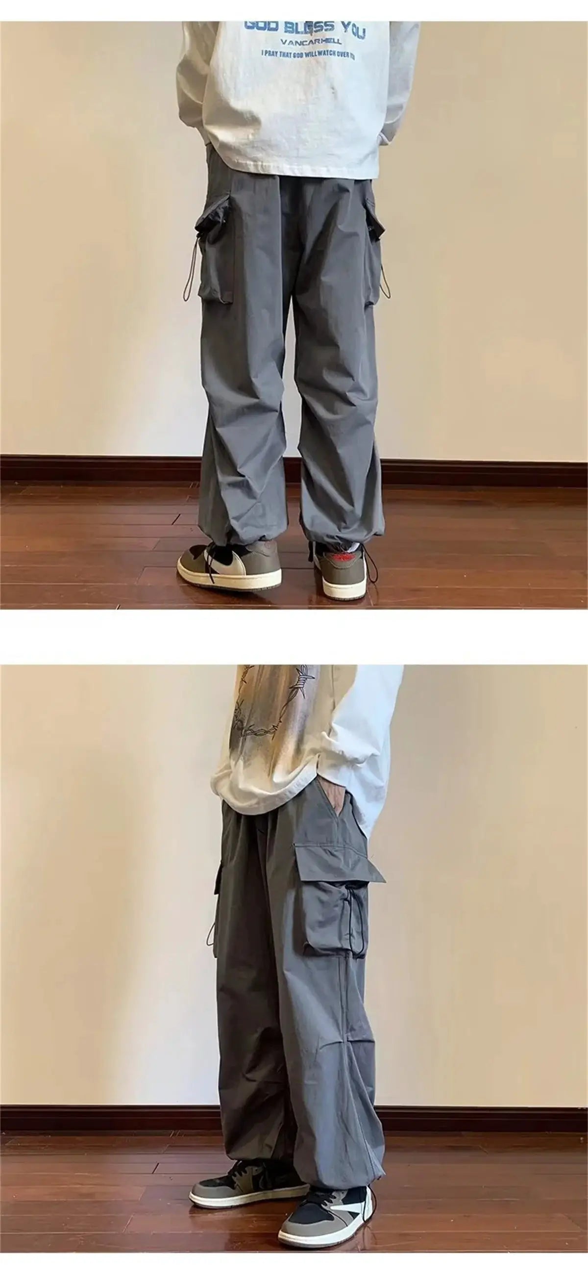 Cargo pants with elastic waist and multiple side pockets in grey-blue, baggy streetwear style by Simples Market