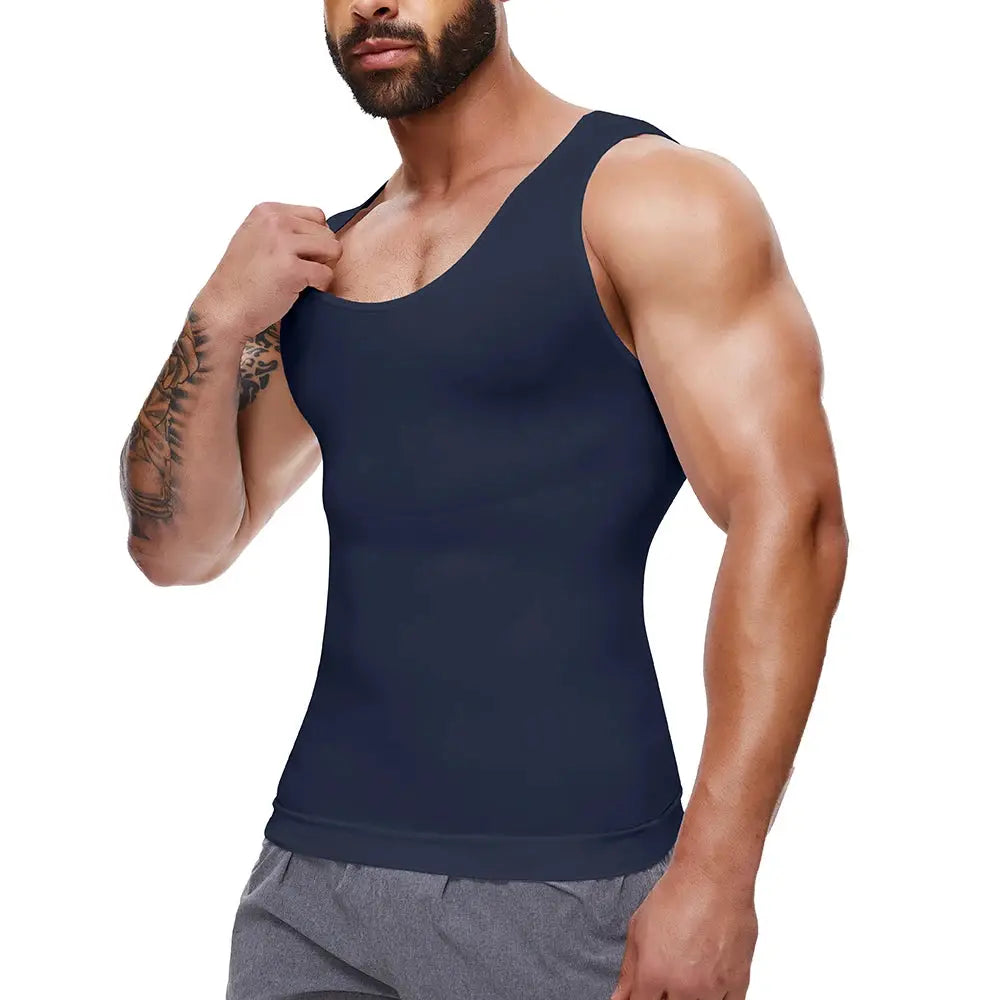 Men's compression tank top, navy blue, sleeveless athletic shirt with a fitted silhouette.