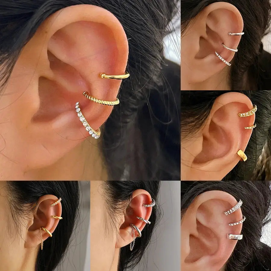 3Pcs Simple Crystal Ear Cuff Set for Women, non-piercing clip earrings in gold and silver tones by Simples Market