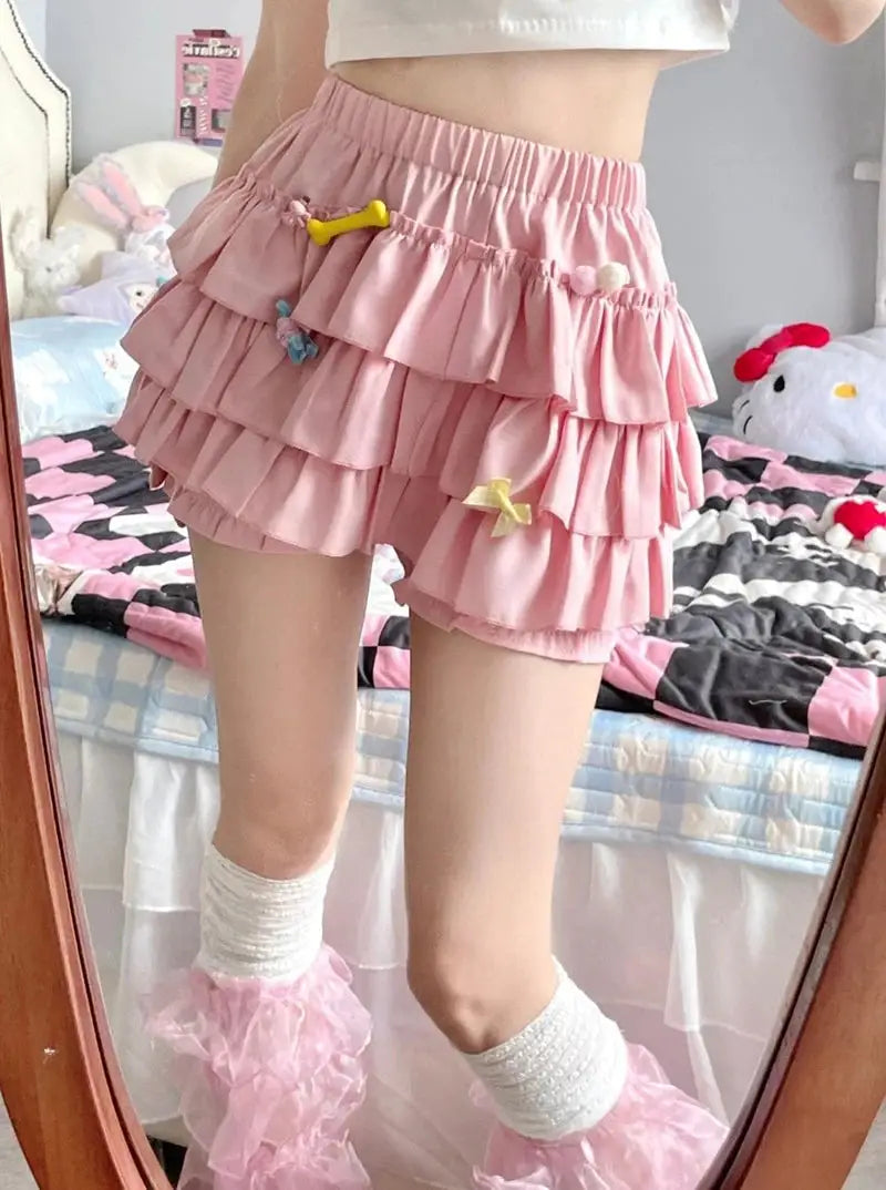 MEXZT Y2K Sweet Ruffled Mini Skirt pink high-waist with layered frills and bows