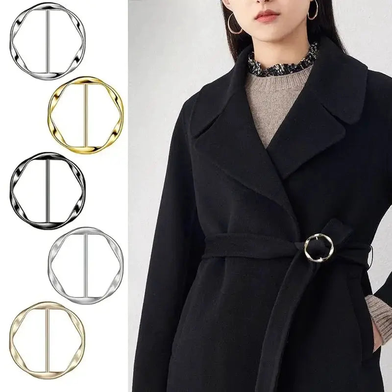 5pc metal round circle buckle set with vertical pin; gold and silver tones, Simples Market, on black coat belt.