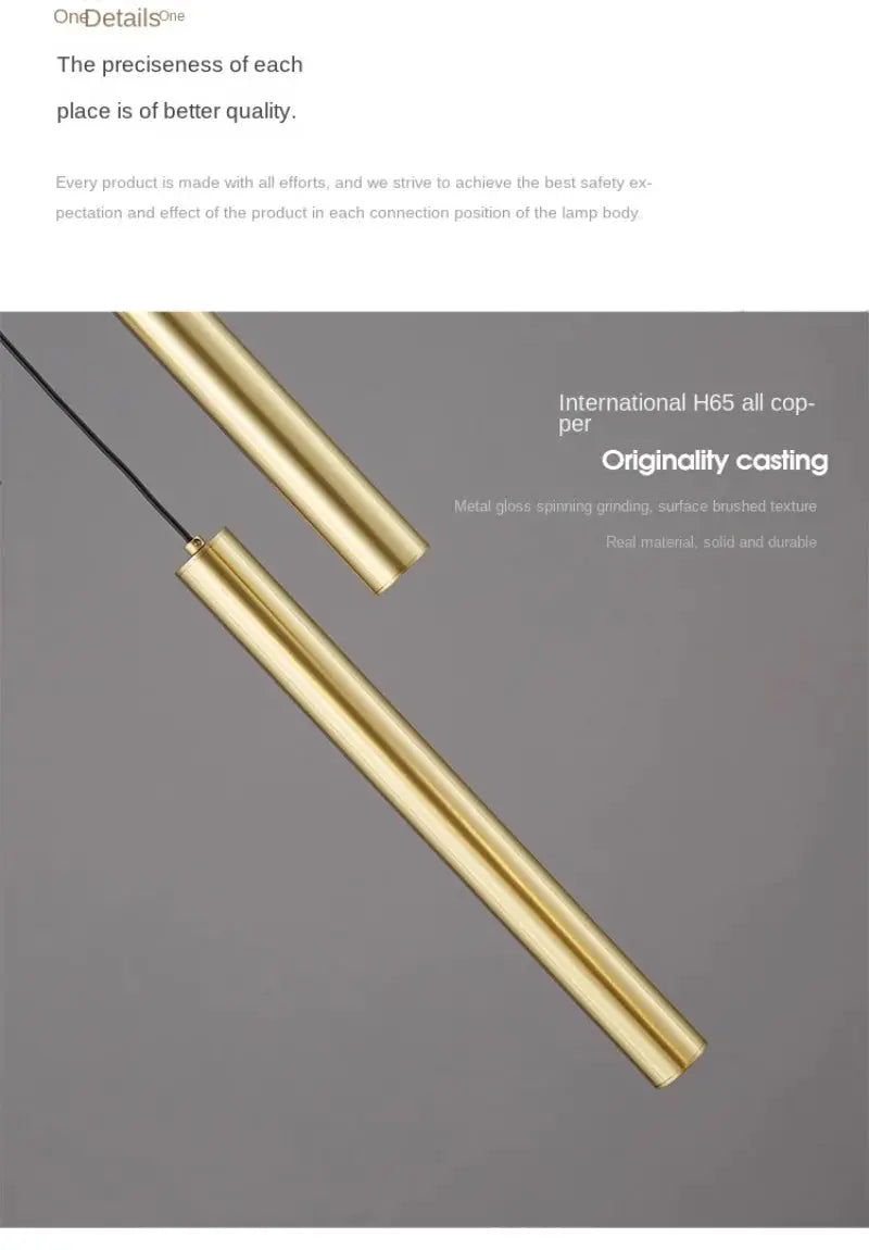 Minimalist gold pendant lamp pair by Simples Market; cylindrical brass LED hanging lights for bedroom, dining or bar.