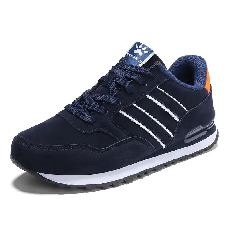 Simples Market men's casual sneakers navy blue artificial leather, lace-up with white stripes
