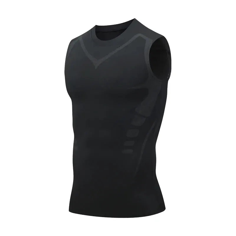 Men's black compression tank top, sleeveless gym shirt with grey panel accents for quick-dry training.