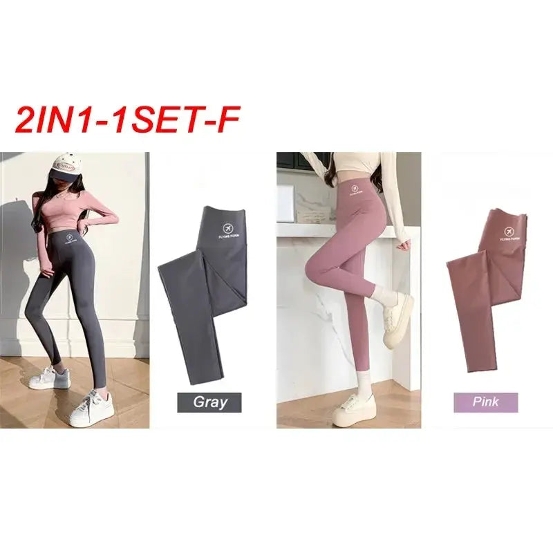Shark yoga leggings set by Simples Market, 2-in-1 gray and pink, high-waisted belly-lift tights for women