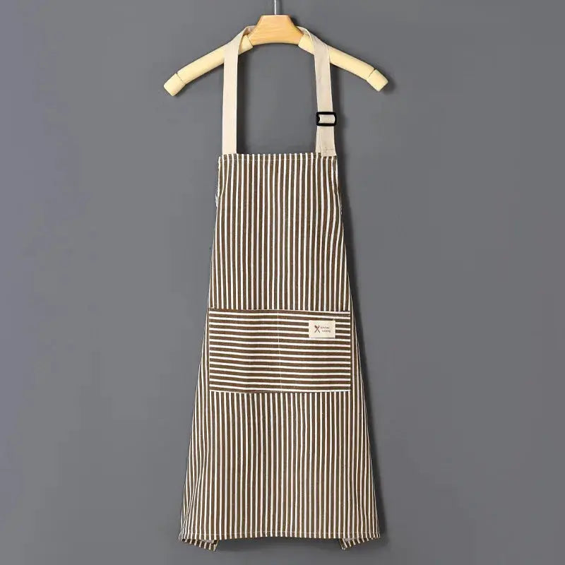 Simples Market Cotto Linen striped apron with thin cotton waistband, brown and white vertical stripes and front pocket