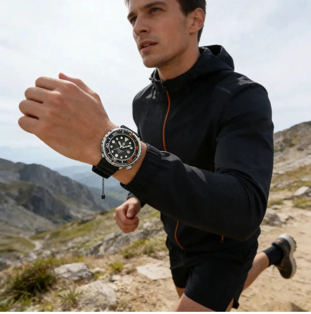 QINGXIYA sports men's quartz watch with black silicone strap, waterproof, date window, luminous markers