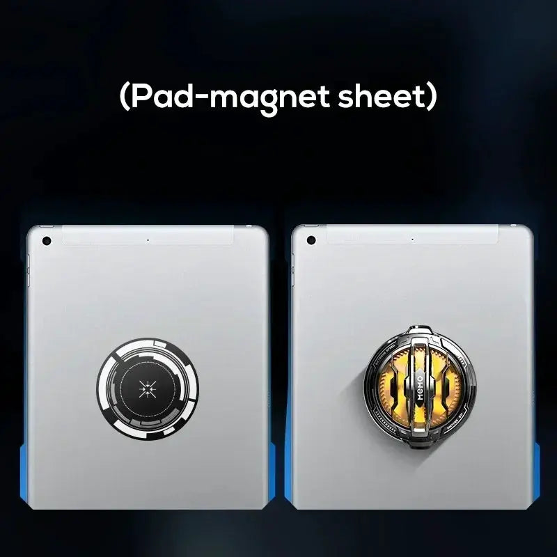 Magnetic back-clip phone cooler by Simples Market; two silver devices shown with circular magnet sheets