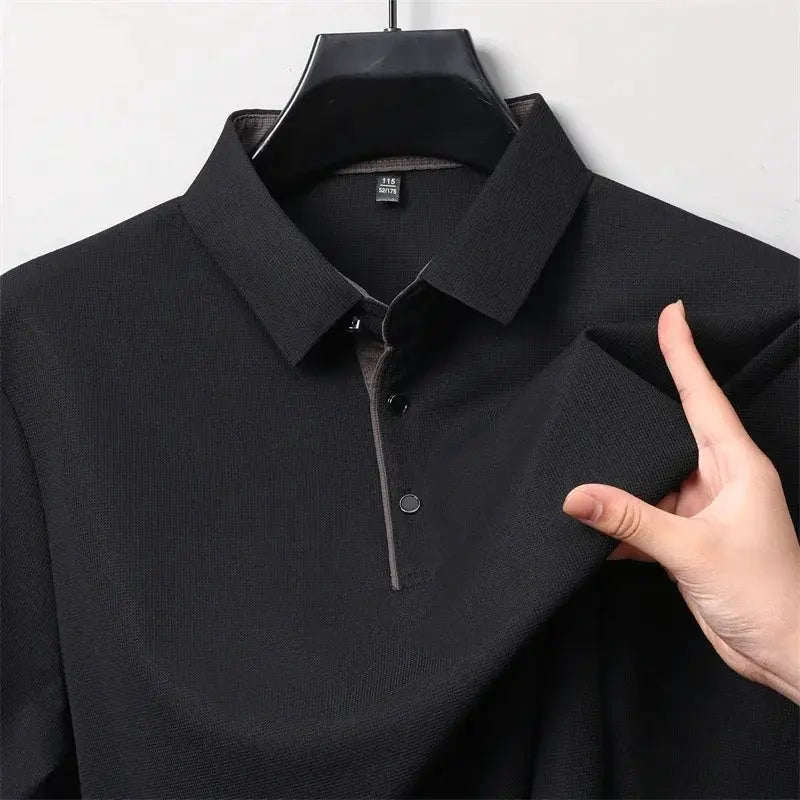 Men's black long-sleeve polo shirt by Simples Market on hanger; business casual solid color with subtle grey placket trim