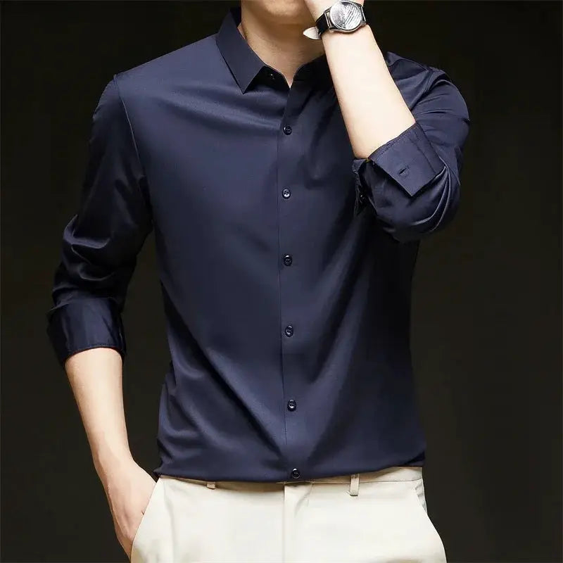 Men's navy blue long-sleeve dress shirt, wrinkle-resistant, versatile all-season top