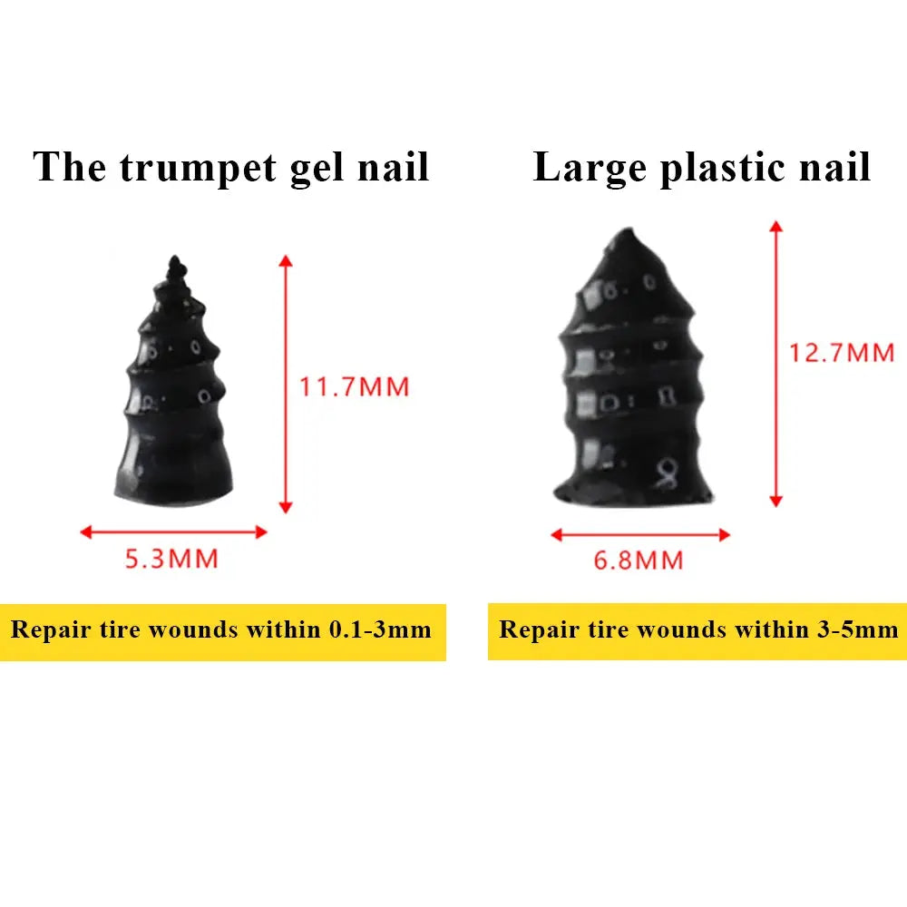 Car tire puncture repair nail kit, two black rubber nails shown in sizes 11.7×5.3mm and 12.7×6.8mm