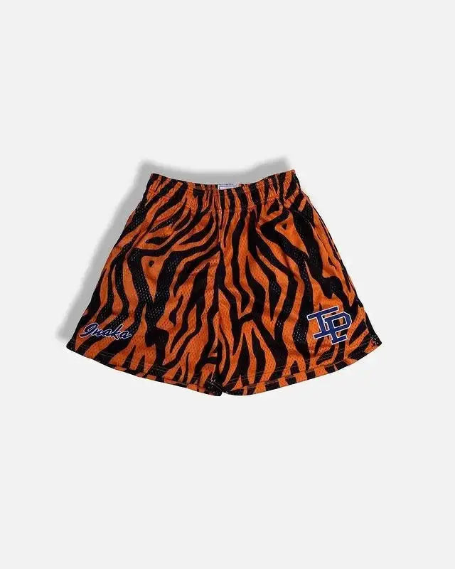 Men's tiger-print athletic shorts in orange and black with blue script logo on left leg