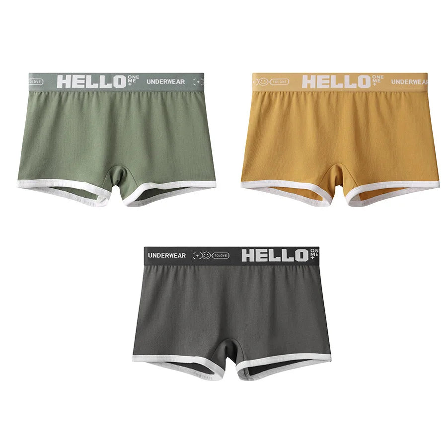 3-piece set of women's cotton boyshorts by Simples Market in green, mustard, and gray with white trim