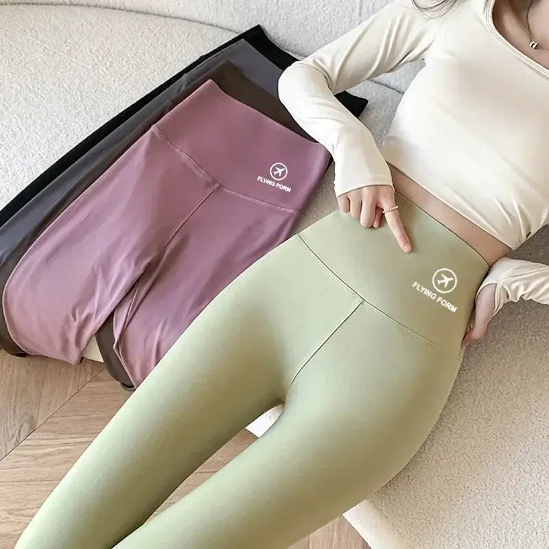 Shark pants high-waisted yoga tights; four colors olive green, pink, taupe, black with Flying Form logo
