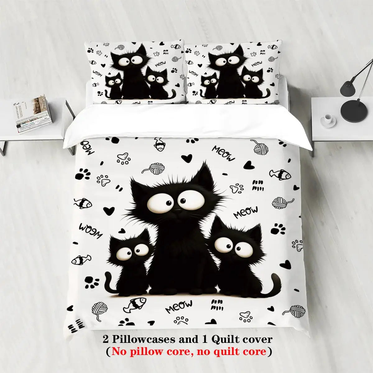 3pc black cat printed bedding set with white background, includes duvet cover and 2 pillowcases, machine washable