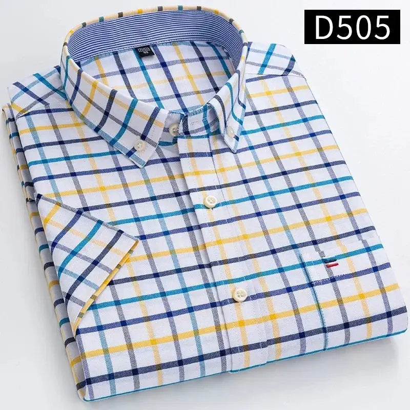 Simples Market men's 100% cotton oxford short-sleeve plaid shirt with blue, yellow, and white grid