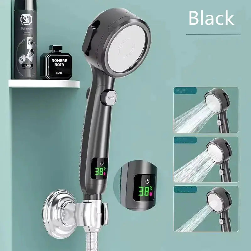 High-pressure handheld shower head by Simples Market with LED temperature display and adjustable spray, black finish