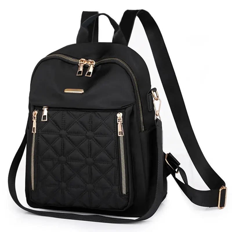 Black nylon backpack for women with a quilted front pocket and gold-tone zippers.