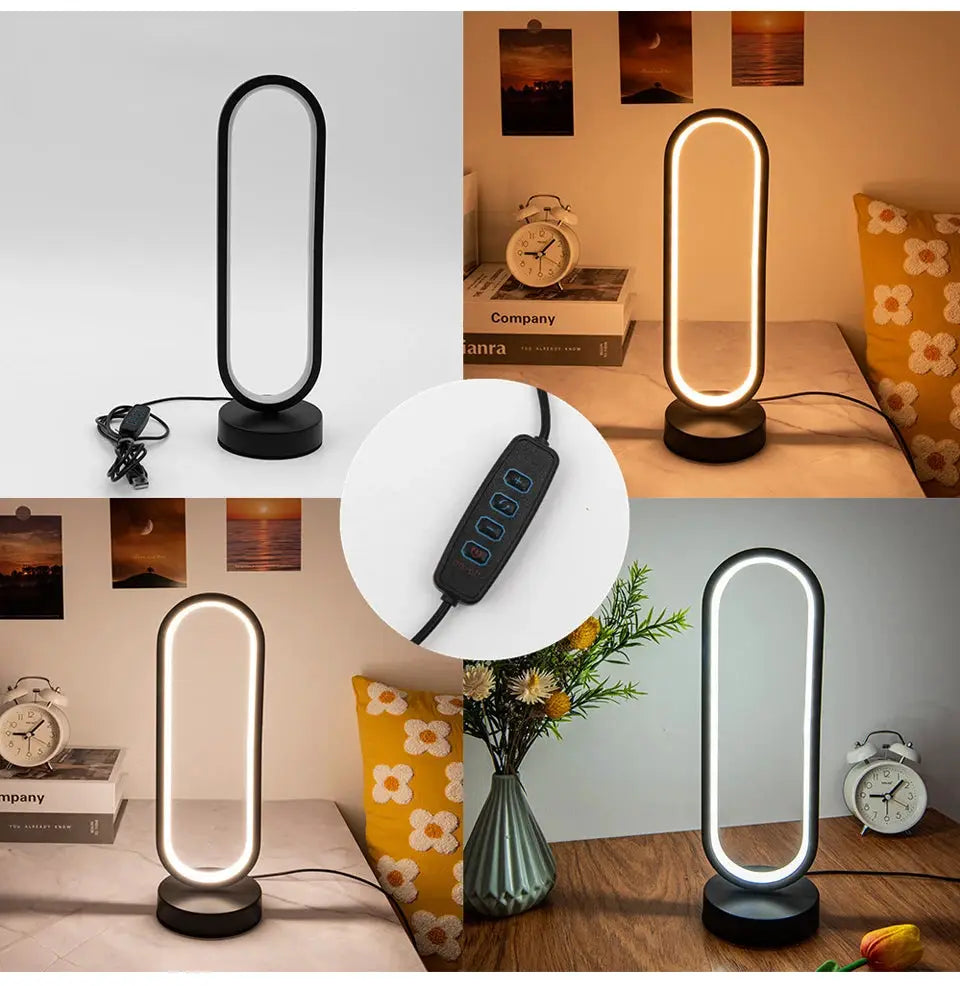Bedroom Ring Night Lamp from Simples Market with oval LED halo, black base, three-color dimmable light