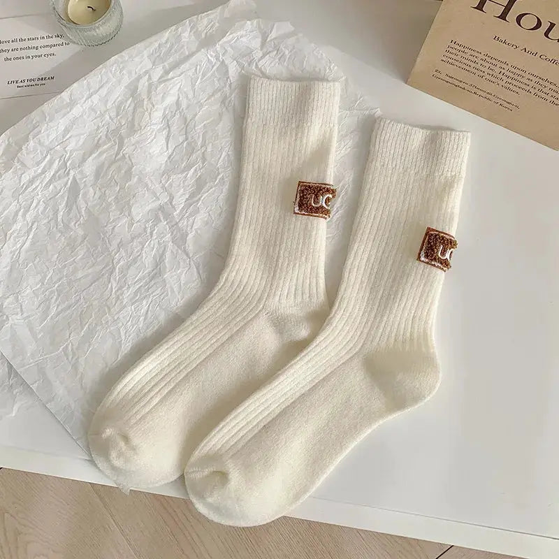 LuxWool Women Luxury Cashmere Wool Mid Calf Socks With Embroidered Logo For Snow Boots Thick Pile Warmth