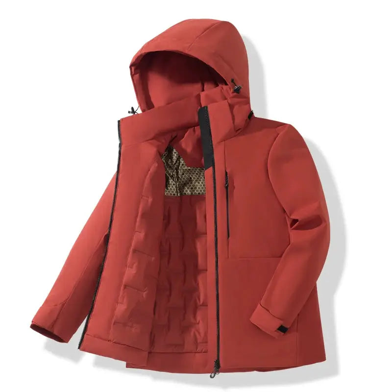 JNLN unisex hooded waterproof fleece jacket in red with quilted lining and windproof zipper