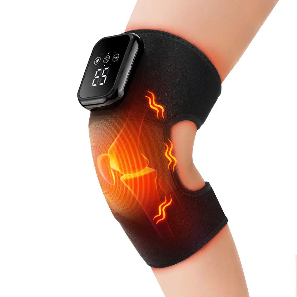 Electric heated vibration knee massage pad by Simples Market with 3-level hot compress in black neoprene