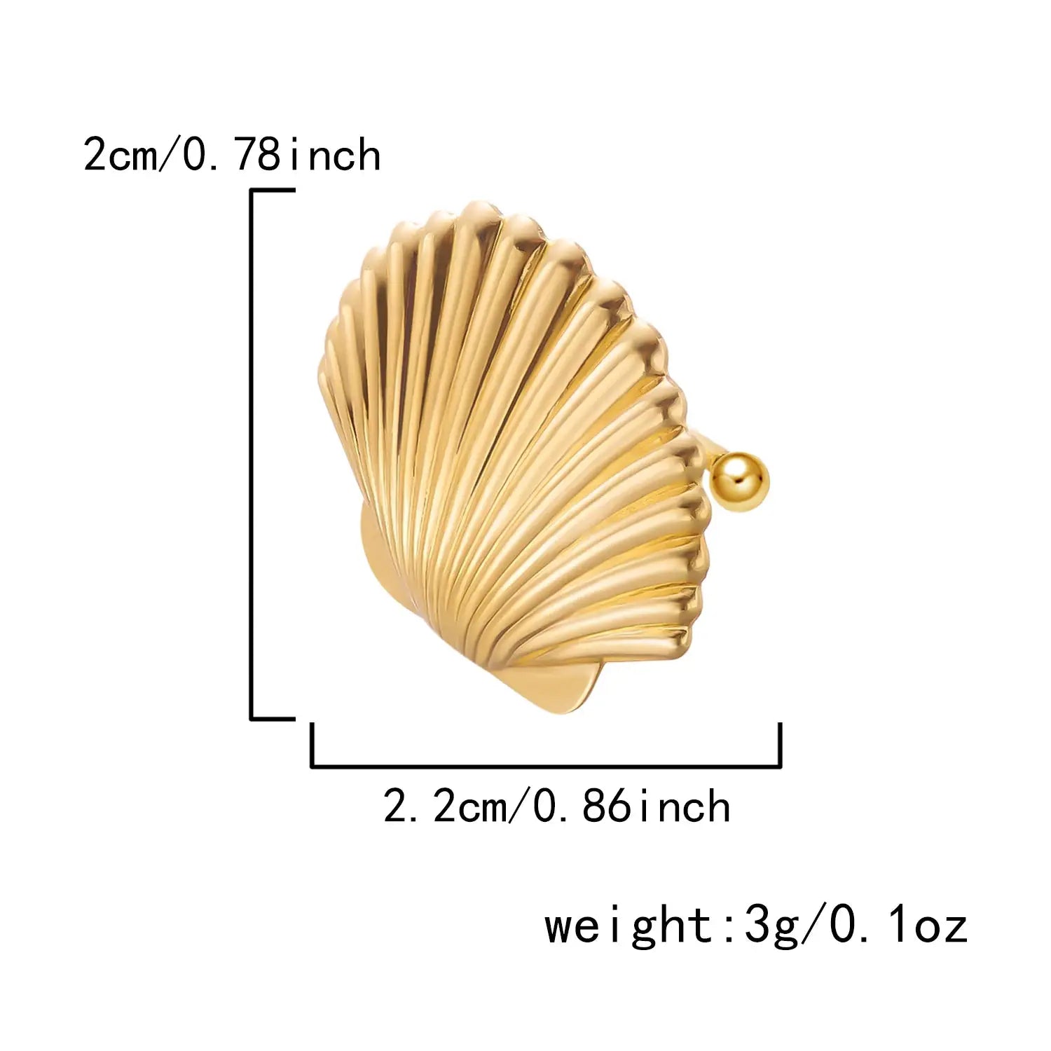 Shell-shaped gold-tone ear clip earrings for women; boho beach style, about 2.2 cm long