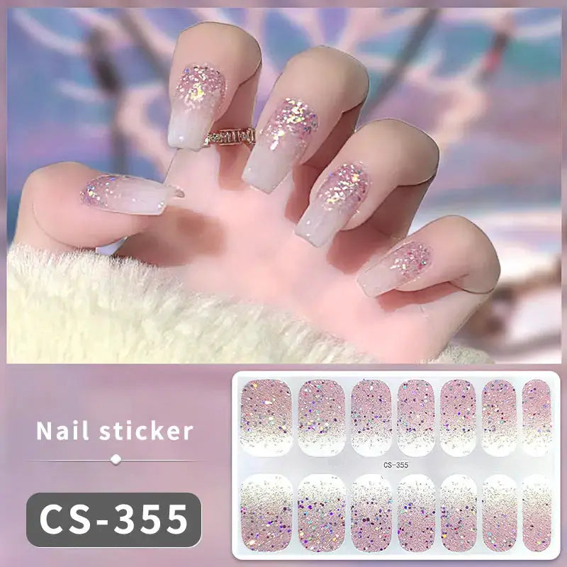 Full-cover nail sticker set CS-355 by Simples Market with pink glitter gradient designs on a nail swatch sheet