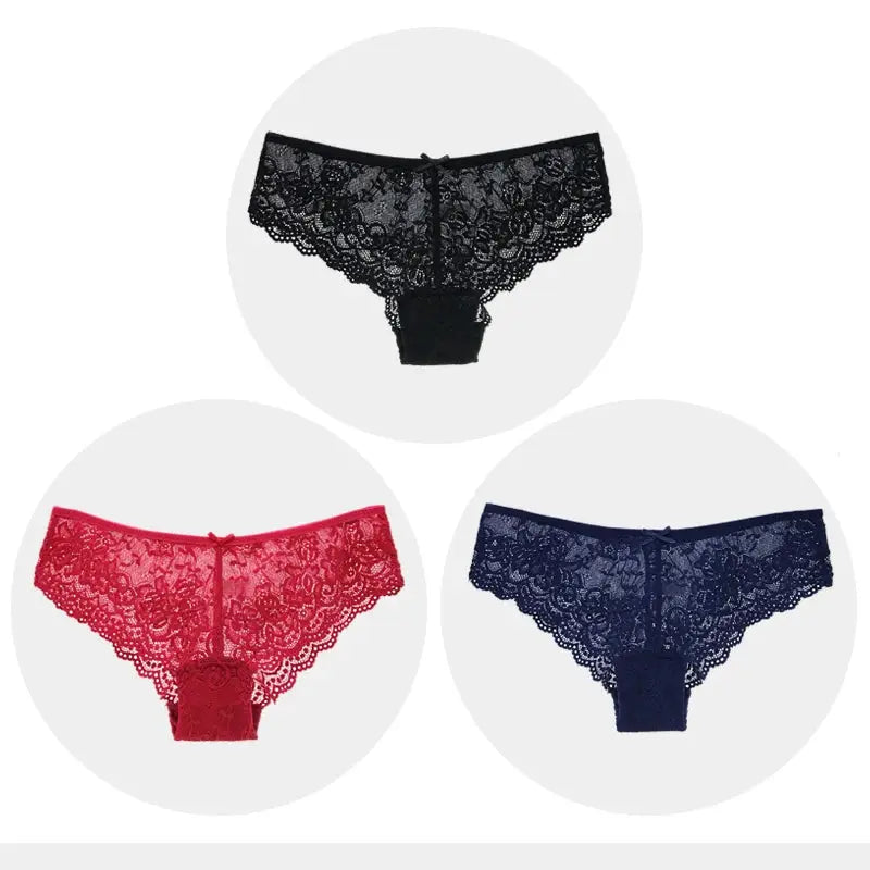 Women lace briefs set, 3pcs in black, red, navy; low-rise hollow-out lace panties, breathable undergarments