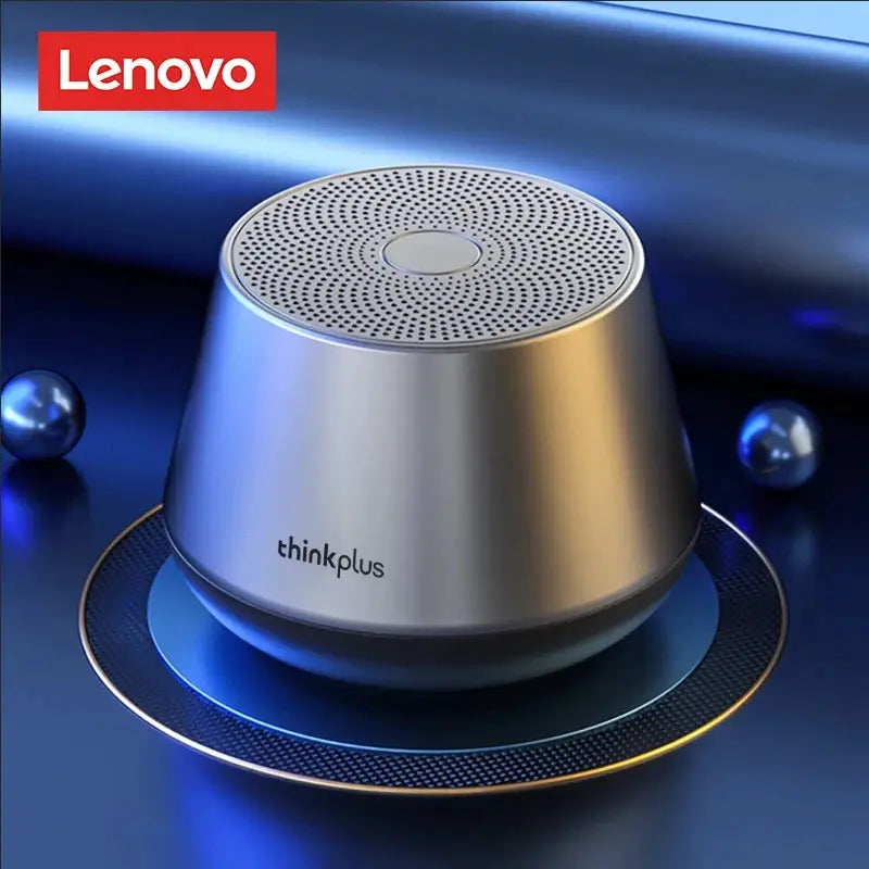 Lenovo thinkplus Bluetooth speaker, metallic silver cylindrical design with perforated top.