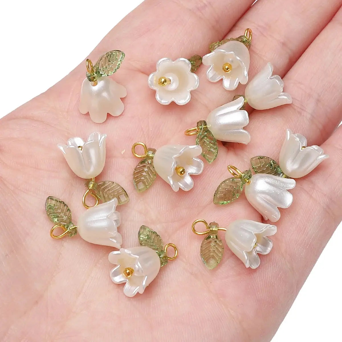 Acrylic lily-of-the-valley beads with green leaves, 11x14mm, gold loops, 2–10 pcs
