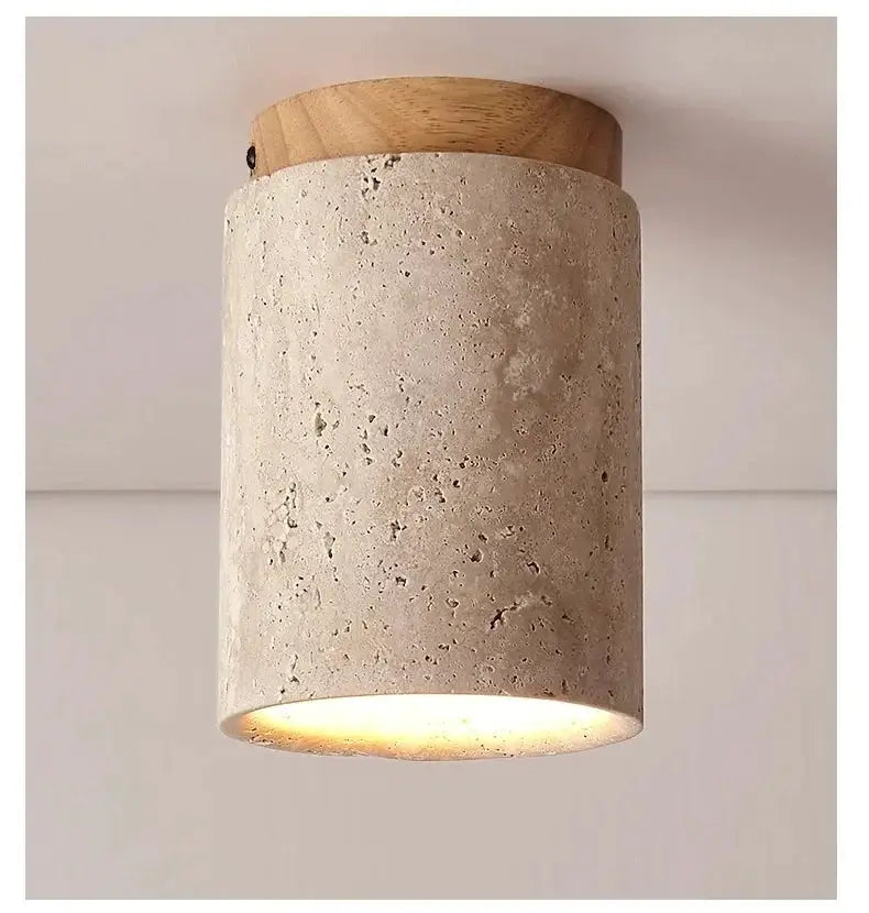 Japanese-style LED ceiling lamp, cylindrical concrete body with wooden cap, warm downward light