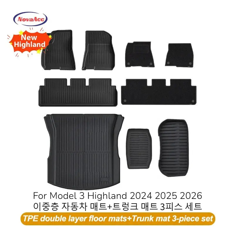 NovaAcc black TPE all-weather floor mats and trunk mat set for Tesla Model 3 Highland 2024–2026