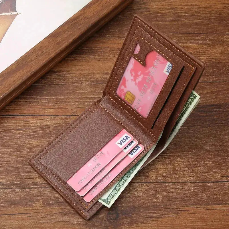 Slim brown leather RFID-blocking bifold wallet by Simples Market with card slots and cash