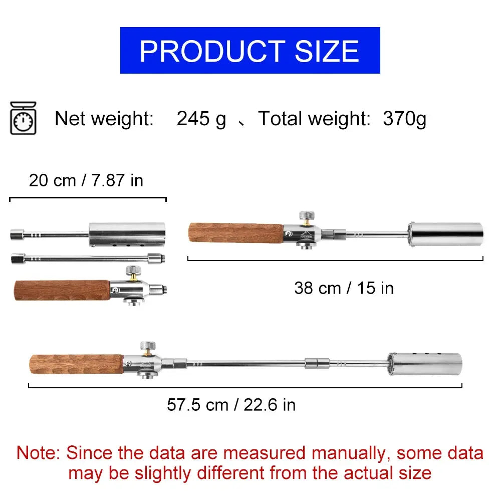 Widesea long-handle camping flamethrower with wooden grip; stainless steel body, detachable nozzle, shown in three lengths