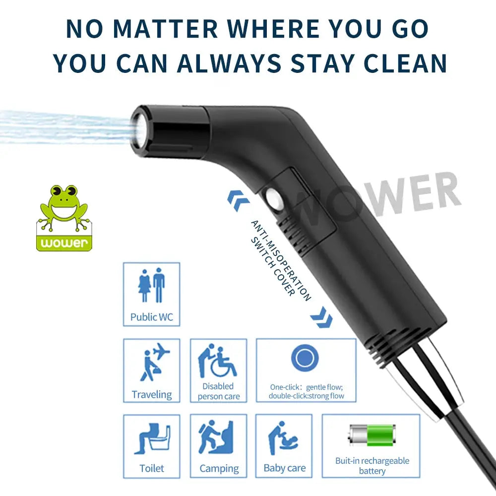 Wower portable electric bidet spray, black handheld shattaf with rechargeable 2.3L capacity.