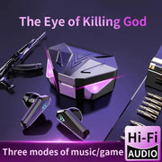 Bluetooth TWS gaming earphones pair with LED indicators and built-in mic in a futuristic purple charging case