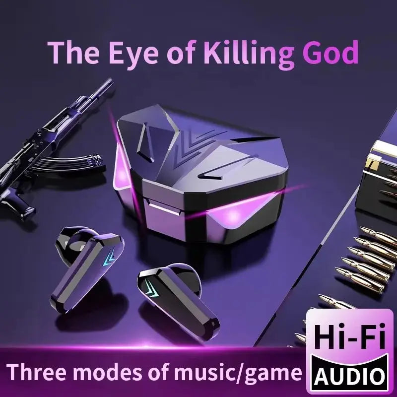 Bluetooth TWS gaming earphones pair with LED indicators and built-in mic in a futuristic purple charging case