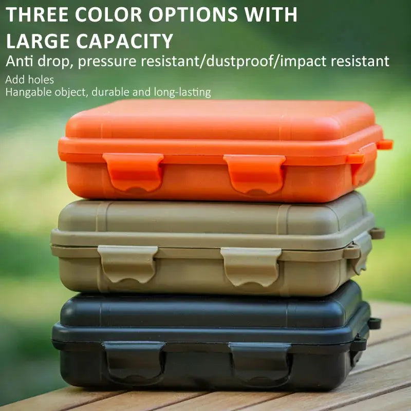 Outdoor plastic waterproof sealed survival storage boxes set, three boxes stacked in orange, tan and navy