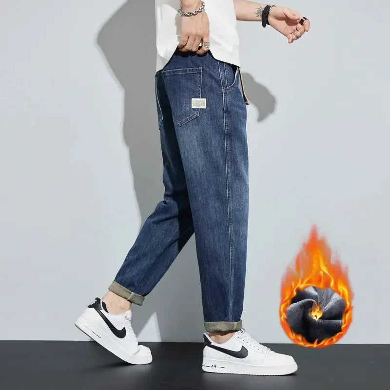 Men's winter dark blue fleece jeans, loose straight fit with rolled cuffs, Simples Market