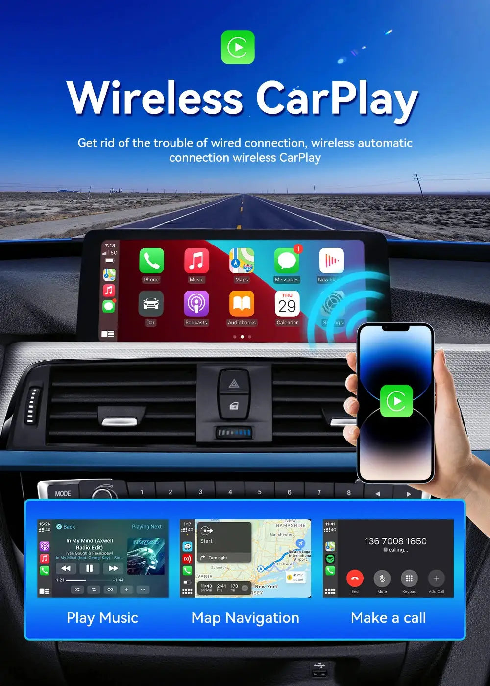 Android 13 CarlinKit wireless CarPlay Android Auto AI TV box on a car dashboard with a split-screen app interface and connected smartphone