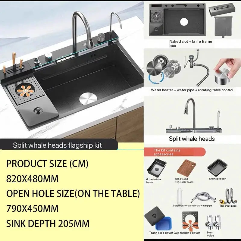 Simples Market large single-slot stainless steel waterfall kitchen sink 820x480mm with faucet and accessories